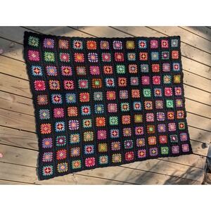 Handmade Crochet Granny Square Blanket Multi-Color Black Afghan Boho 48x60